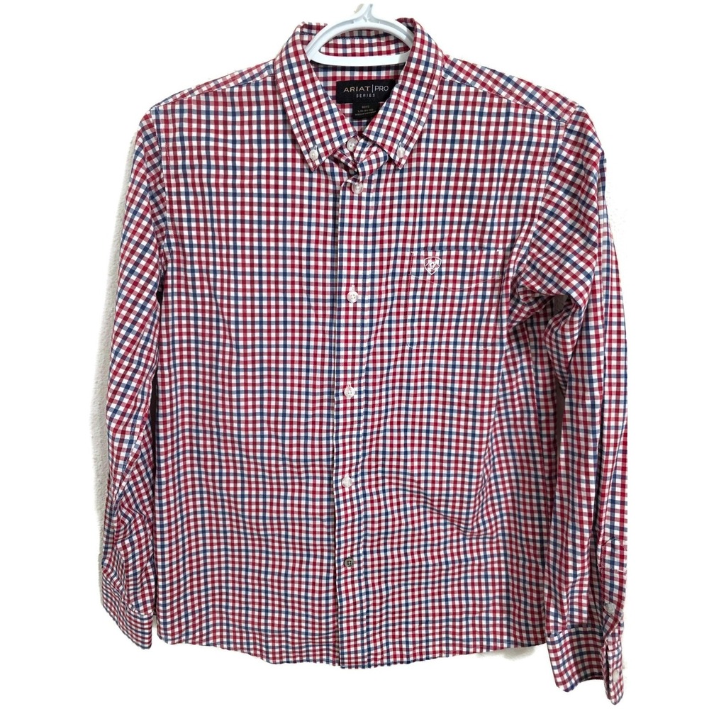 Ariat Pro Series Shirt Boys Large 14-16 Red Blue Gingham Long Sleeve Button Down